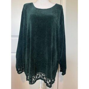 Lane Bryant Designs & Co Green Chenille Sweater With Crochet Hem Boho Festive